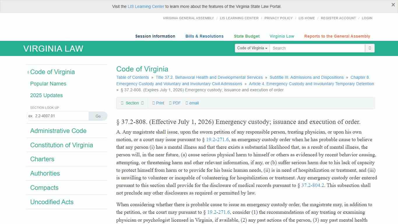 § 37.2-808. (Expires July 1, 2026) Emergency custody; issuance and execution of order